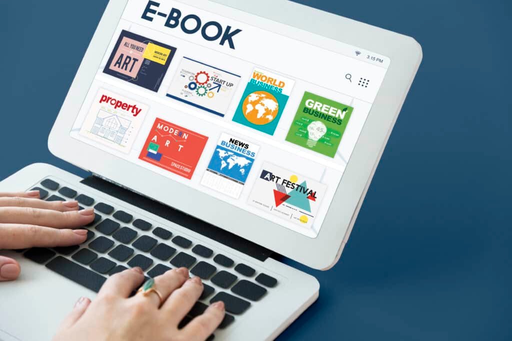 Ebook reading on laptop digital learning concept