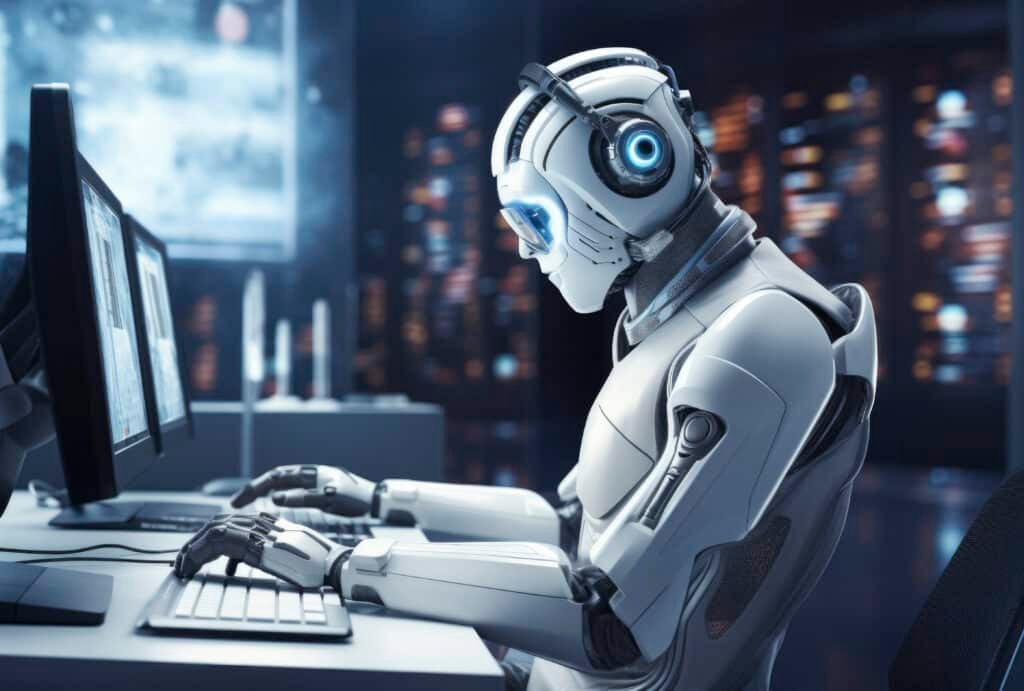 AI robot working on computer, artificial intelligence automation