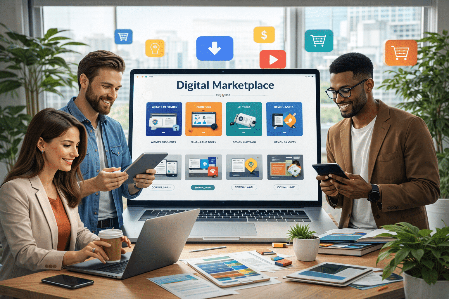 Group discussion around digital marketplace platform showcasing digital products and online tools