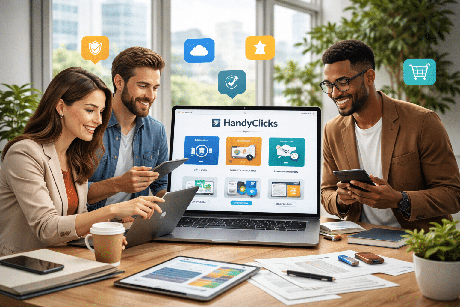 Team exploring digital products on HandyClicks marketplace using laptop and tablet in modern workspace